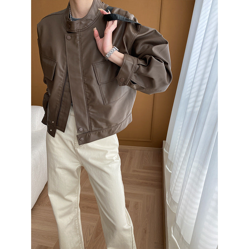 Damen modische Kunstlederjacke mit praktischen Taschen Drune