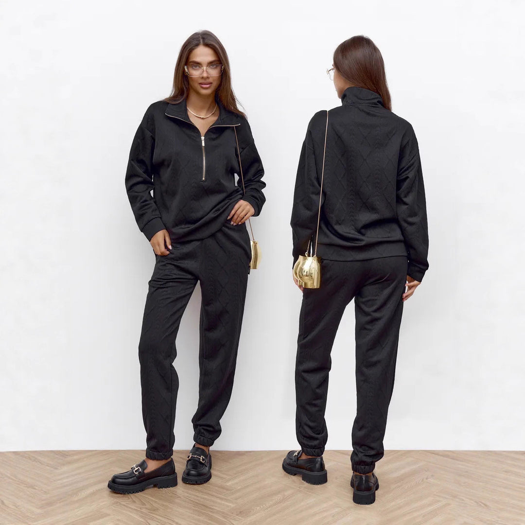 Damen kuscheliger Fleece-Loungewear-Set mit Reißverschluss und Rippstruktur Drune