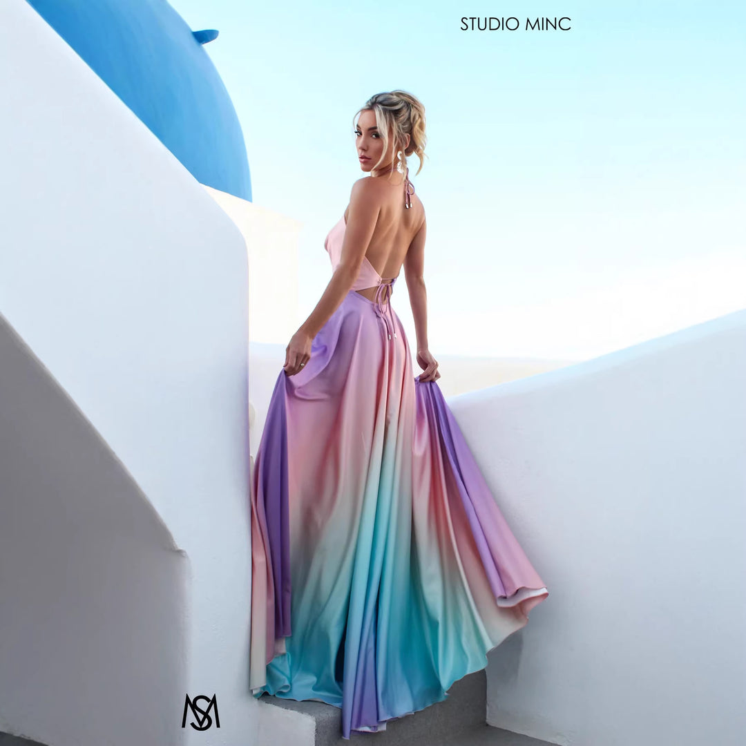Damen Elegantes Maxikleid mit schickem Halterneck und geschmeidiger Satinoptik Drune