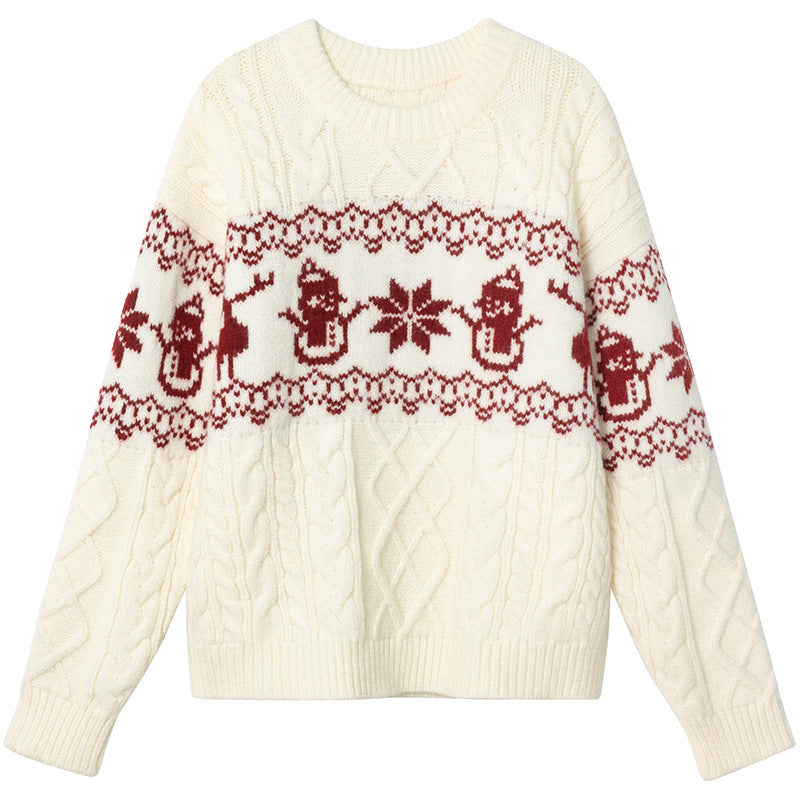 Damen Weihnachts-Pullover mit festlichem Zopfmuster und Schneemann-Motiv Drune