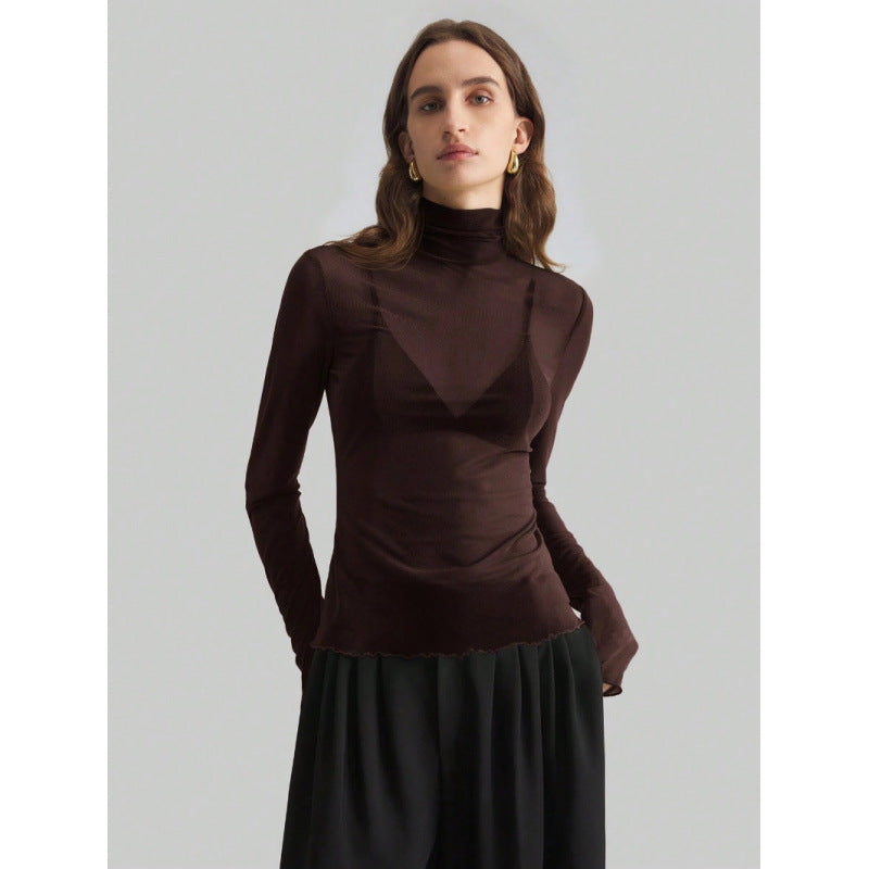 Damen Elegantes langärmliges transparentes Oberteil mit hohem Kragen Drune