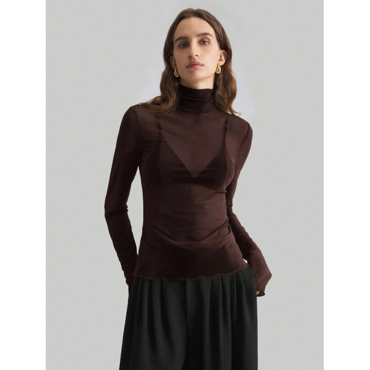 Damen Elegantes langärmliges transparentes Oberteil mit hohem Kragen Drune