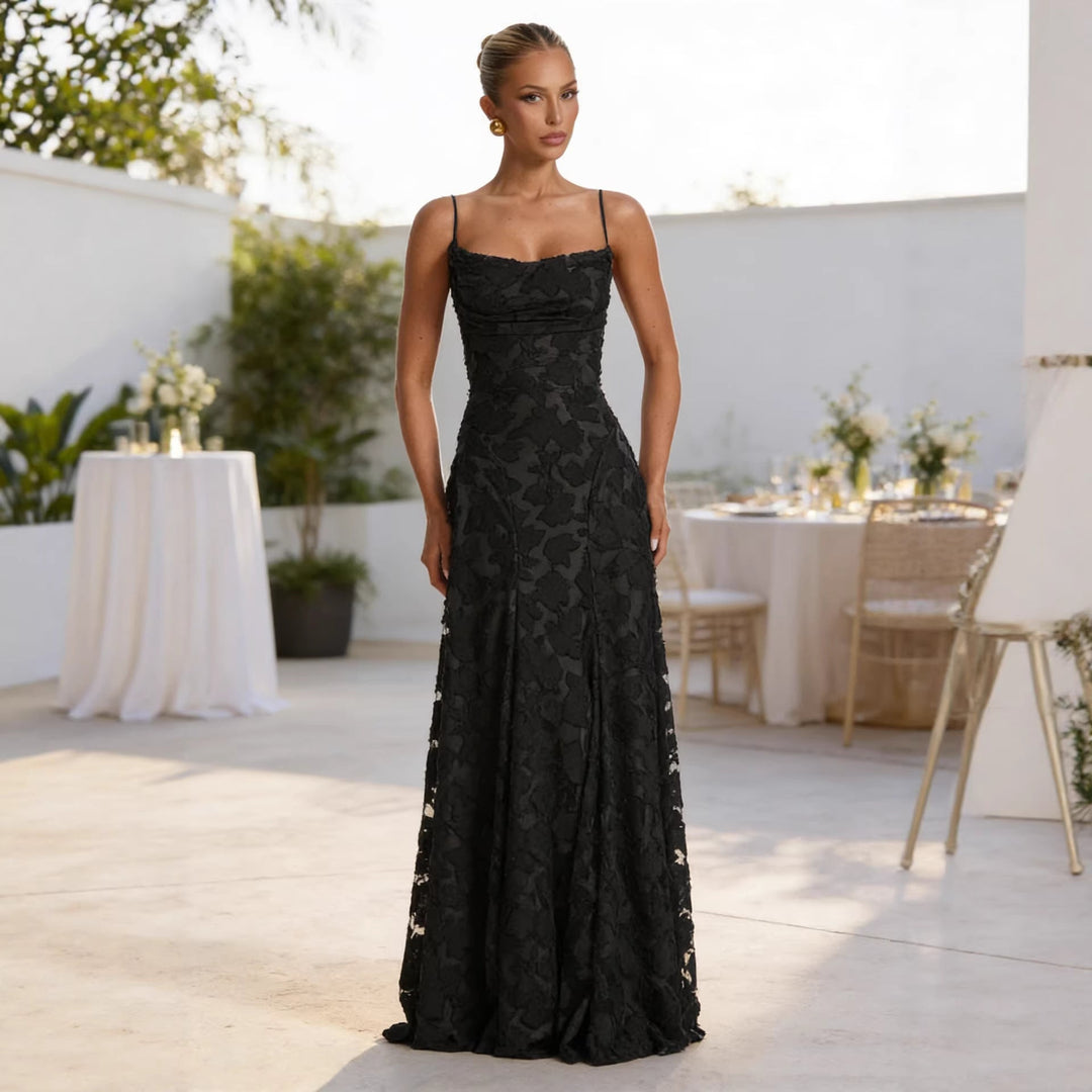 Damen Elegantes Maxikleid mit floralem Spitze-Design und verstellbaren Spaghettiträgern Drune