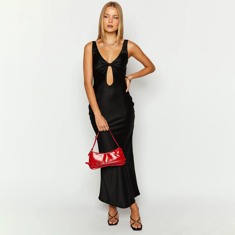 Damen figurbetontes Maxikleid mit tiefem V-Ausschnitt und Cut-Out Drune