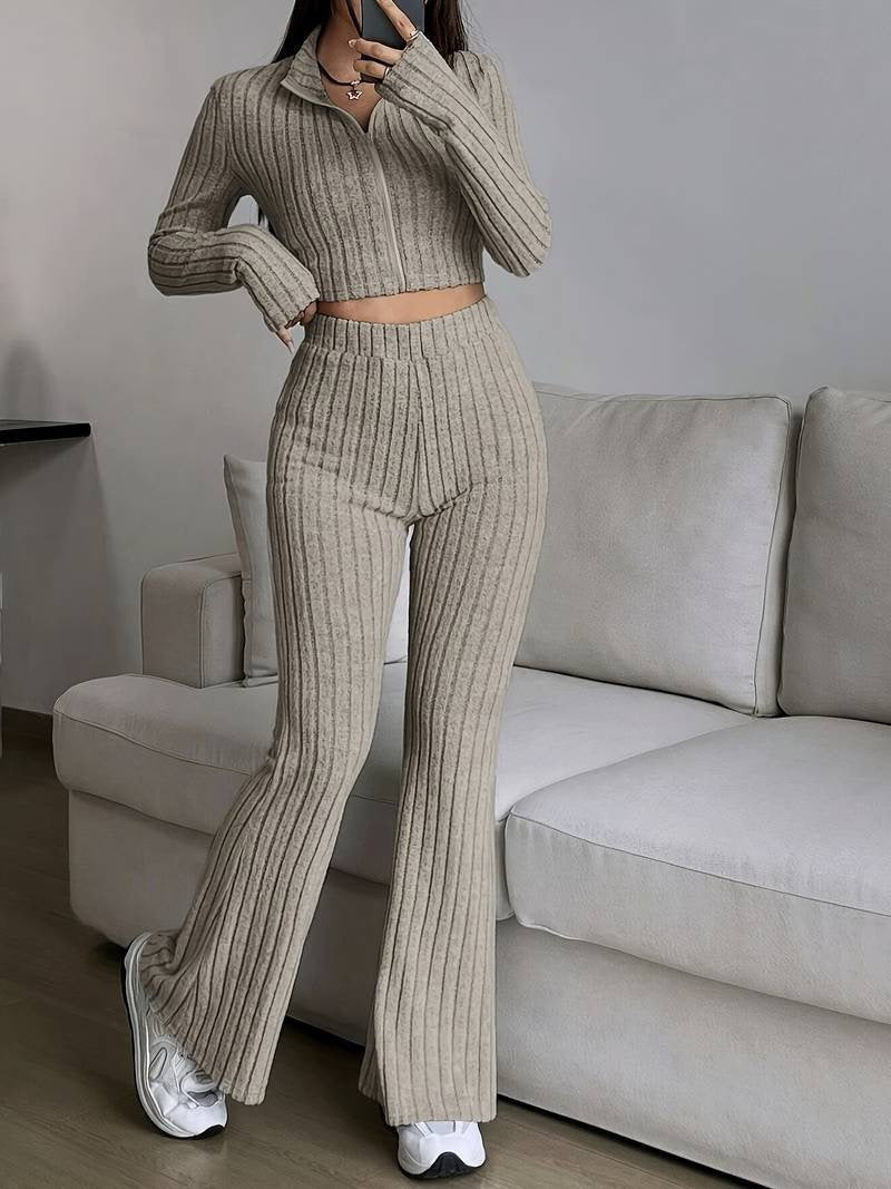 Damen modisches Strick-Loungewear-Set mit hohem Bund Drune