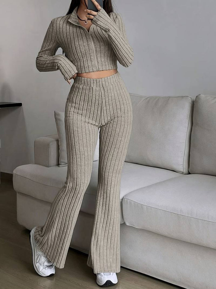 Damen modisches Strick-Loungewear-Set mit hohem Bund Drune