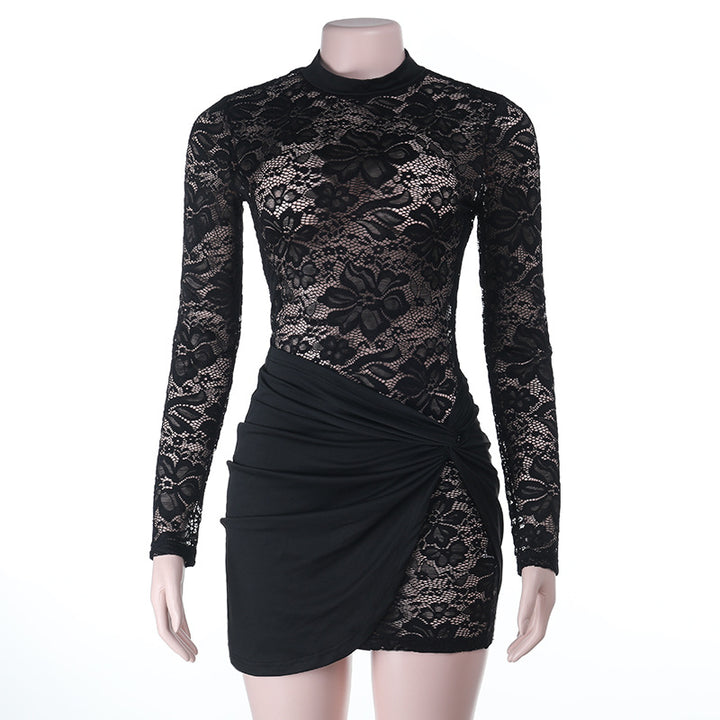 Damen figurbetontes Minikleid mit Spitzenärmel und avantgardistischem Wickeldesign Drune