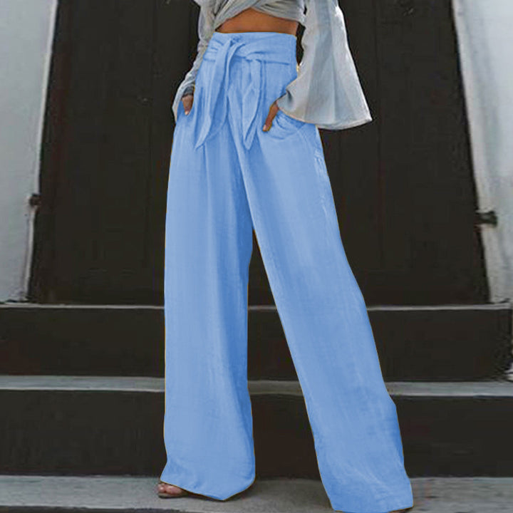 Damen nan weite High-Waist Leinenhose mit Bindegürtel und Eingrifftaschen Drune