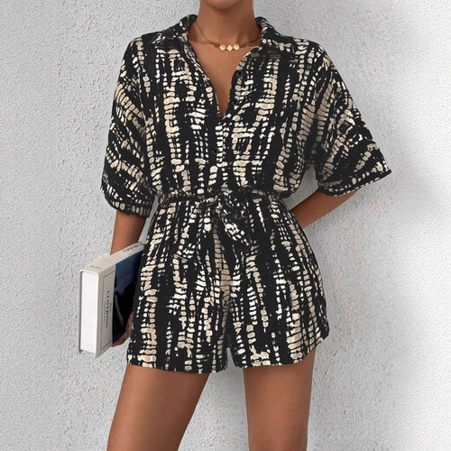 Damen Kurzärmliger Jumpsuit mit floralem Print und Taillengürtel Drune