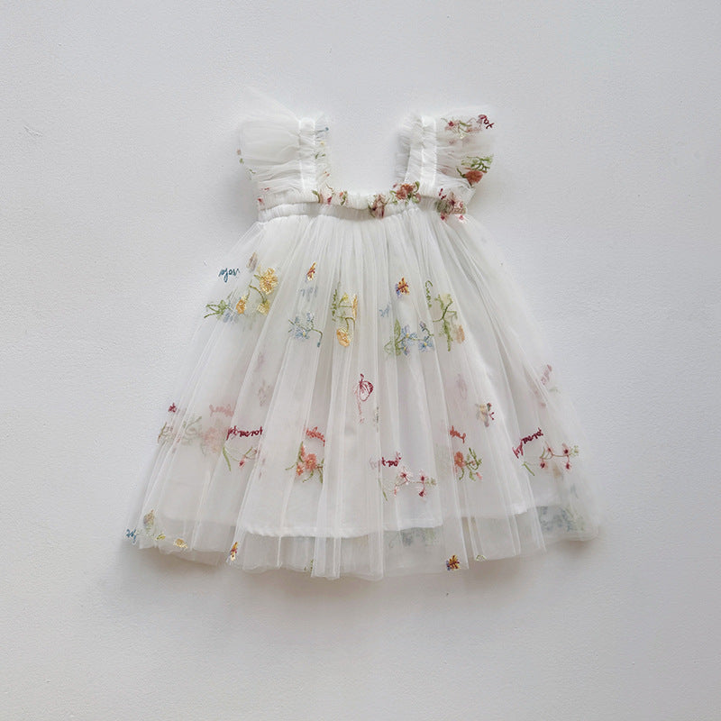 Mädchen Besticktes Tüll Partykleid mit Rüscheträgern Drune