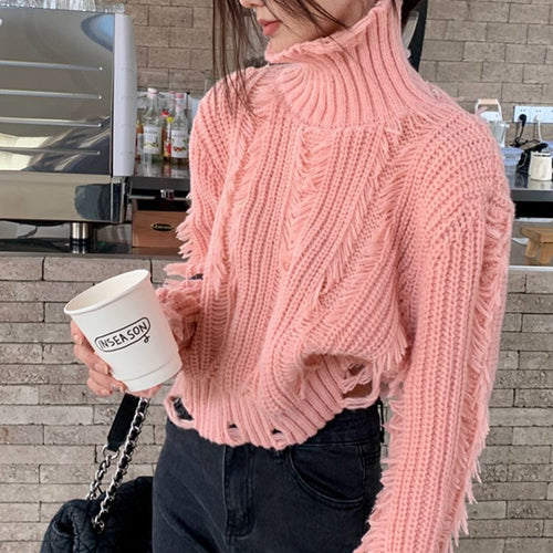 Damen Grobstrickpullover mit hohem Kragen und fransigen Designelementen Drune