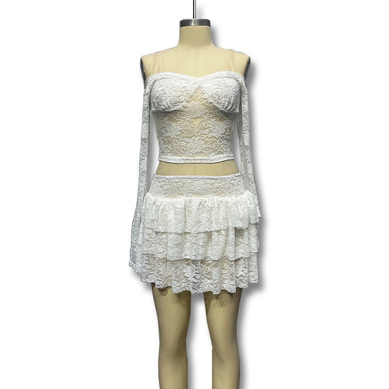 Damen Verspieltes Spitzenkleid mit transparenten Ärmeln und gestuftem Rock Drune