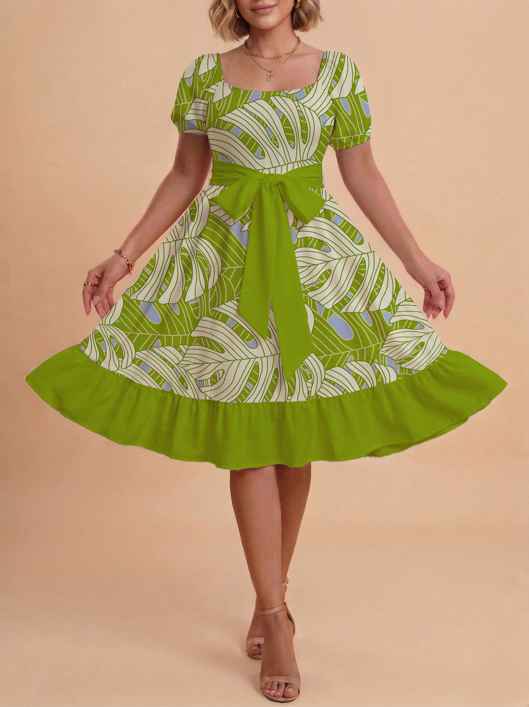 Damen A-Linien-Kleid mit floralen Motiven und taillierbarem Gürtel Drune