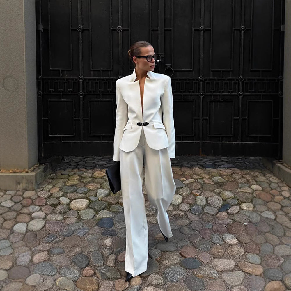 Damen elegantes Tailor-Anzug-Set mit minimalistischer Silhouette und tiefem Ausschnitt Drune