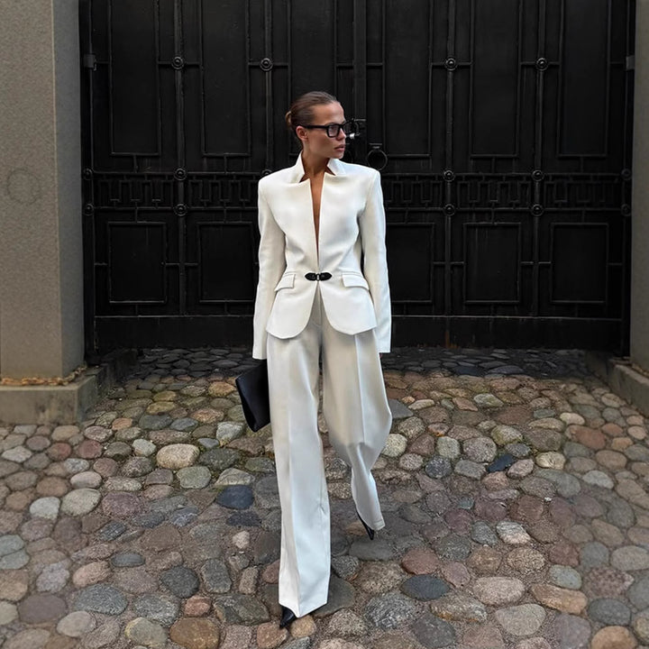 Damen elegantes Tailor-Anzug-Set mit minimalistischer Silhouette und tiefem Ausschnitt Drune