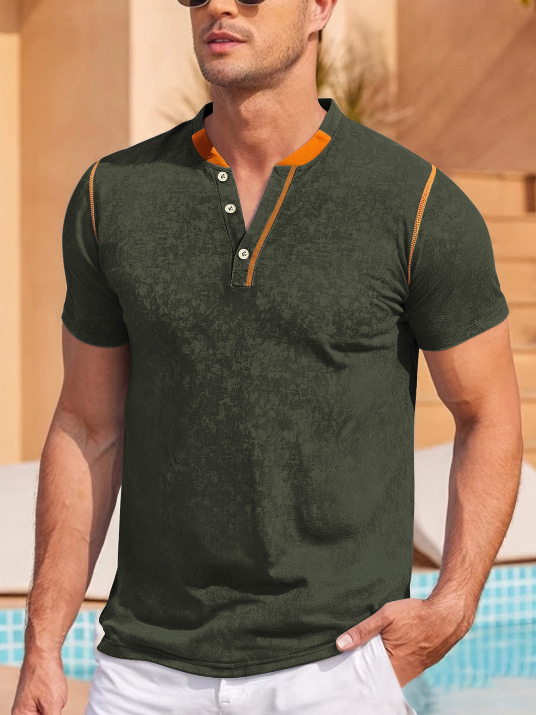 Herren nan lässiges Kurzarm-Grandadshirt mit kurzer Knopfleiste, Kontrastpaspel und weichgewaschener Struktur Drune