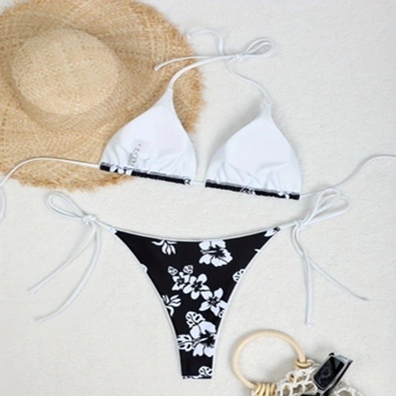 Damen Triangel-Bikini mit floralem Muster und verstellbaren Bindebändern Drune