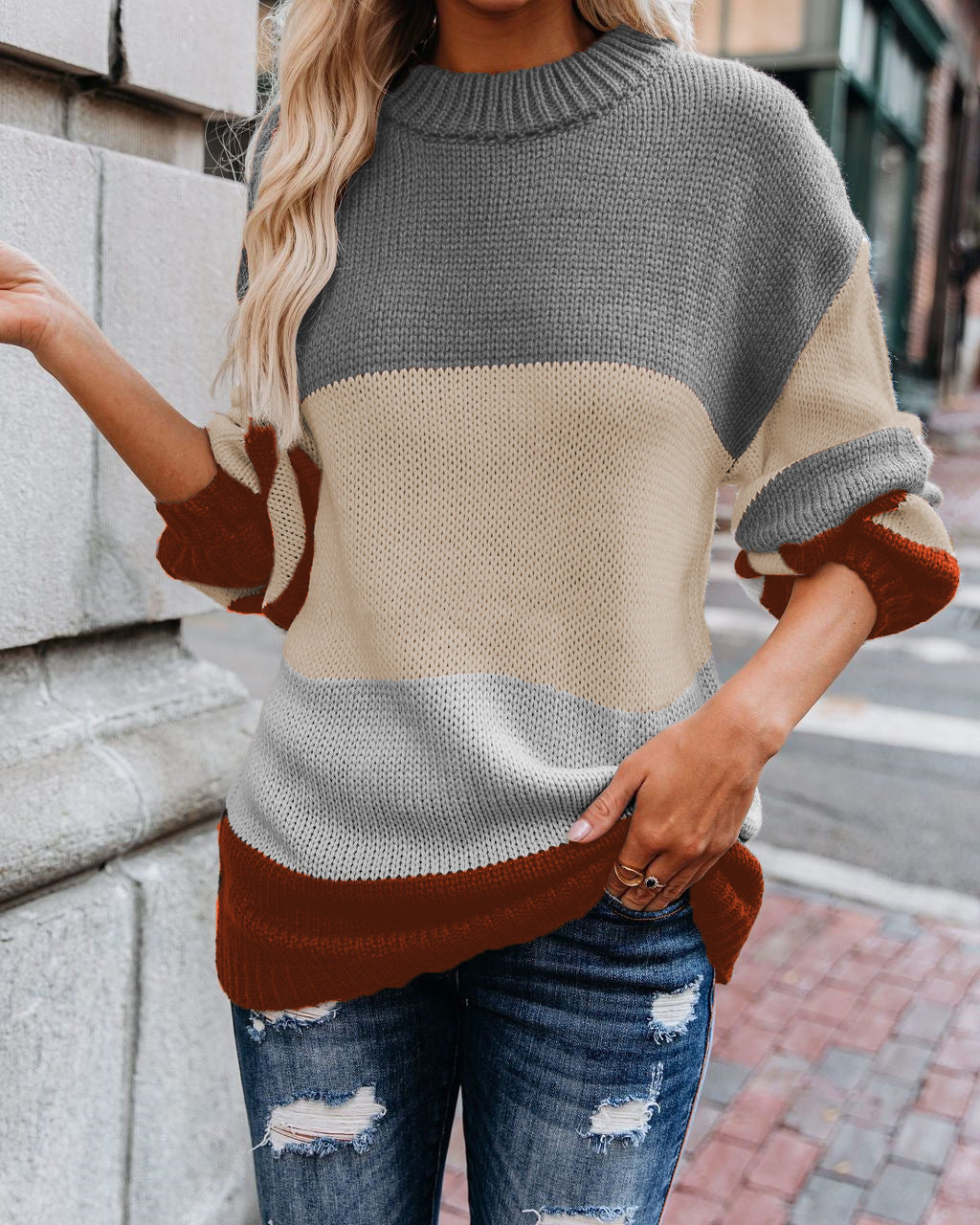 Damen modischer Strickpullover mit zeitgemäßem Farbblockdesign Drune