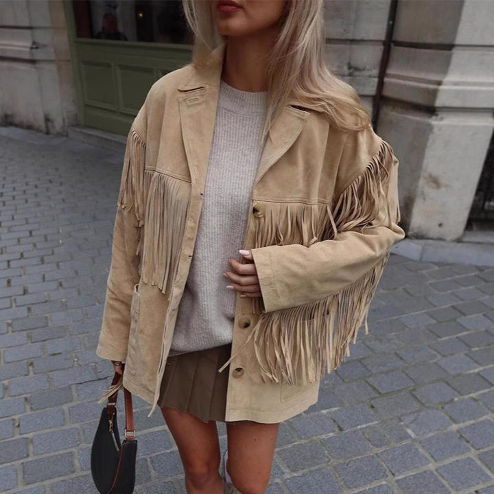 Damen Wildlederjacke mit Fransen und oversized Schnitt Drune