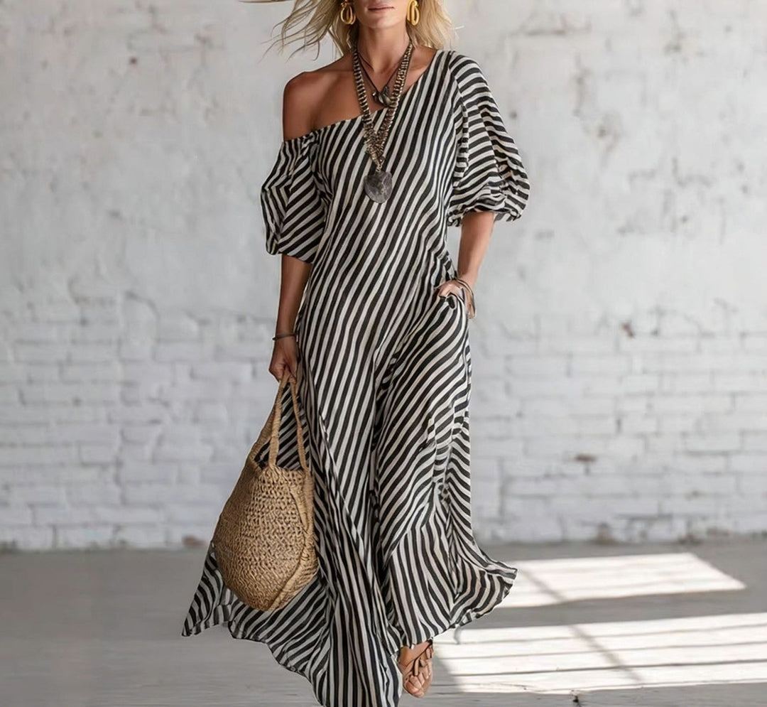 Damen Maxikleid mit asymmetrischem Schnitt und auffälligen Streifen Drune