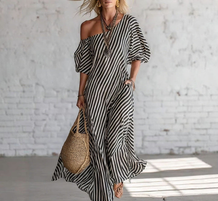Damen Maxikleid mit asymmetrischem Schnitt und auffälligen Streifen Drune