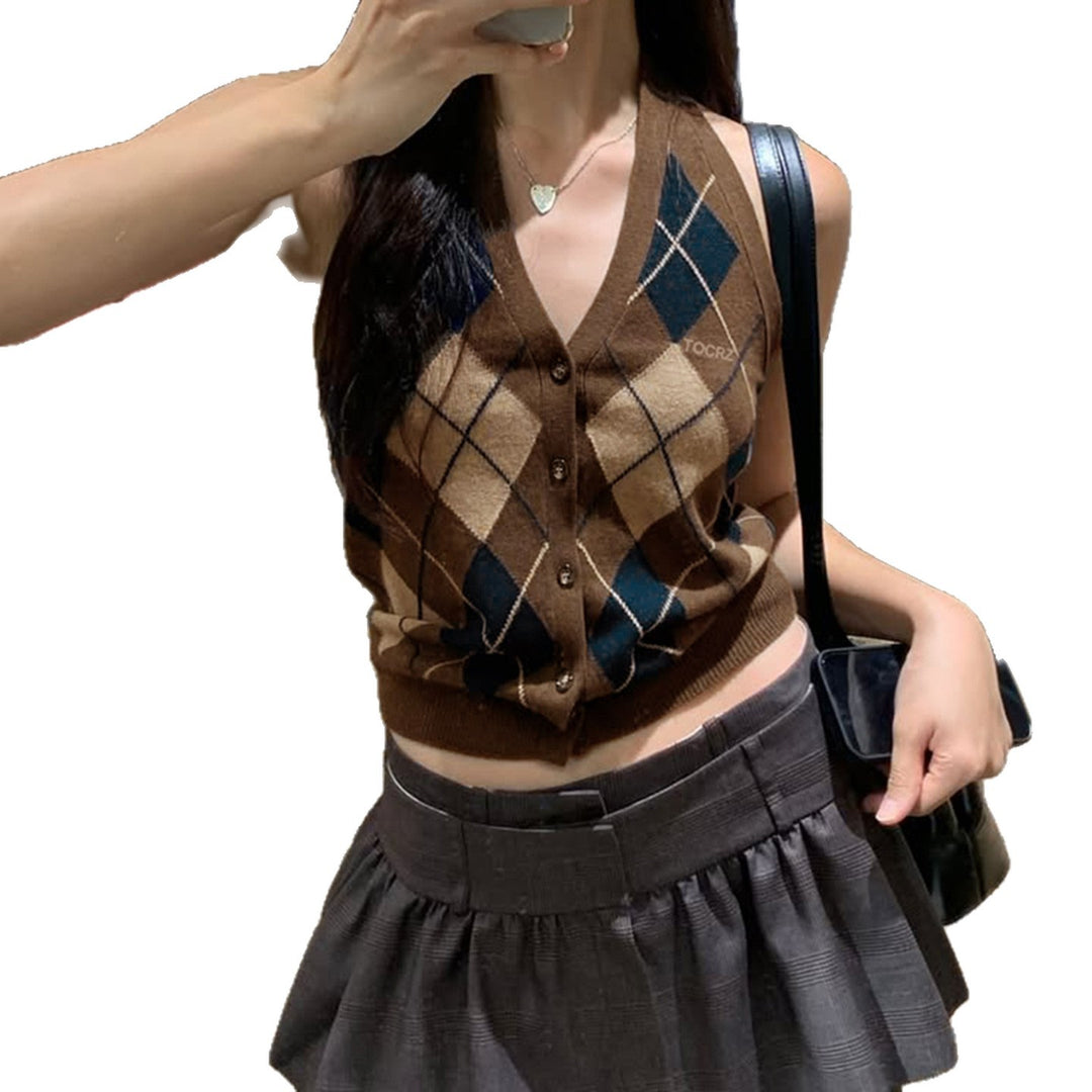 Damen ärmelloser Strickpullover im klassischen Karomuster Drune