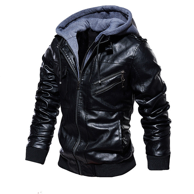 Herren lässige Kunstlederjacke mit abnehmbarer Kapuze und zahlreichen Taschen Drune