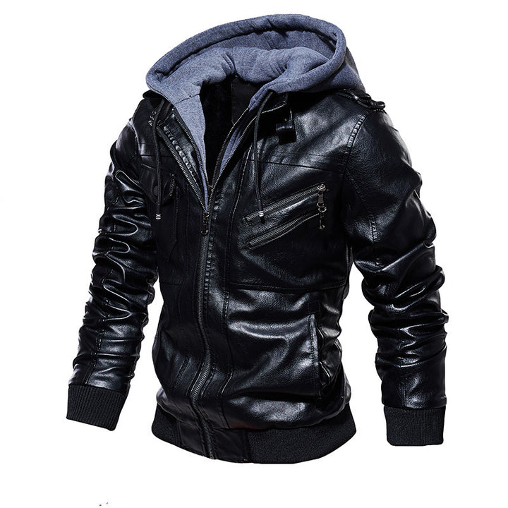 Herren lässige Kunstlederjacke mit abnehmbarer Kapuze und zahlreichen Taschen Drune