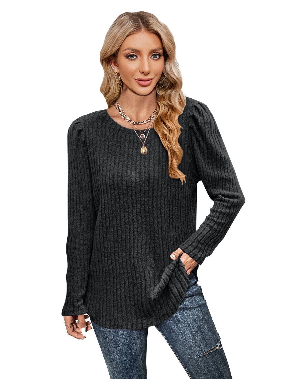 Damen Strickpullover mit Puffärmeln und feinem Rippenmuster Drune