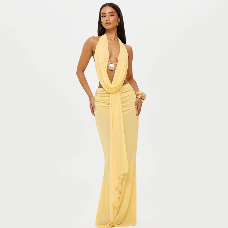 Damen Elegantes Strandkleid mit tiefem Ausschnitt und fließendem Stoff Drune