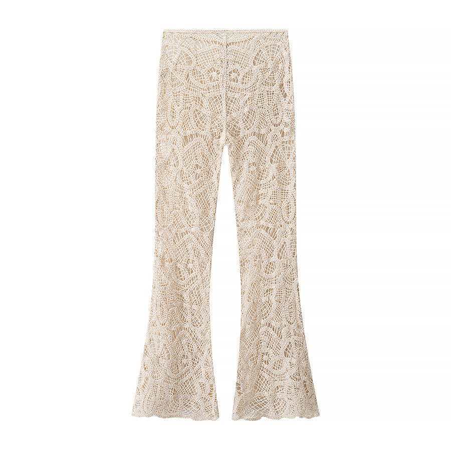 Damen nan gehäkelte Schlaghose mit floralem Crochetmuster, elastischem Bund und teilgefüttertem Innenbein Drune