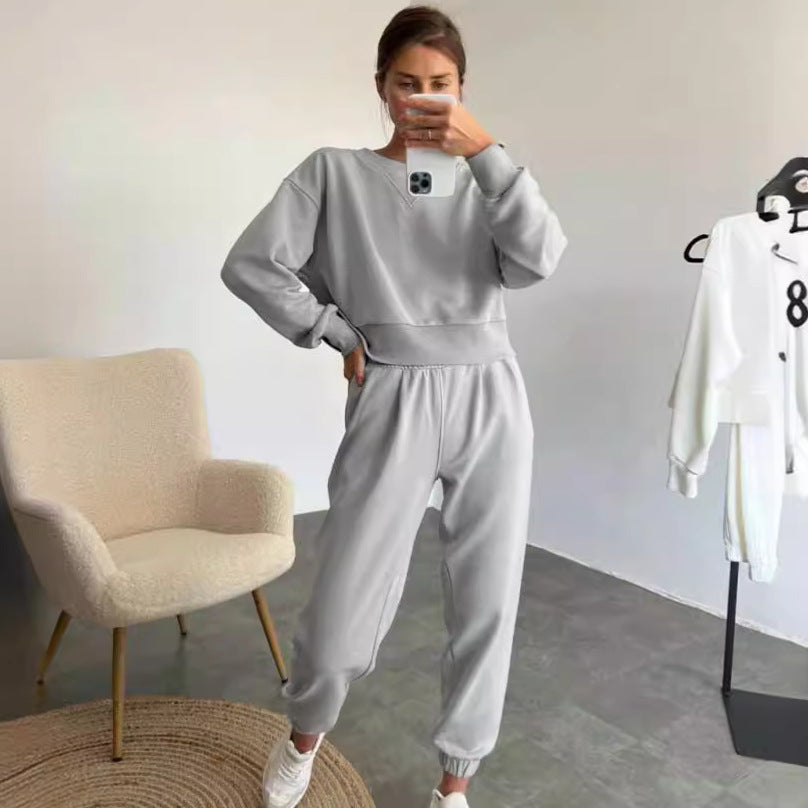 Damen nan Cropped-Sweater-Set mit V-Nahtdetail und hoher Taille Jogginghose Drune