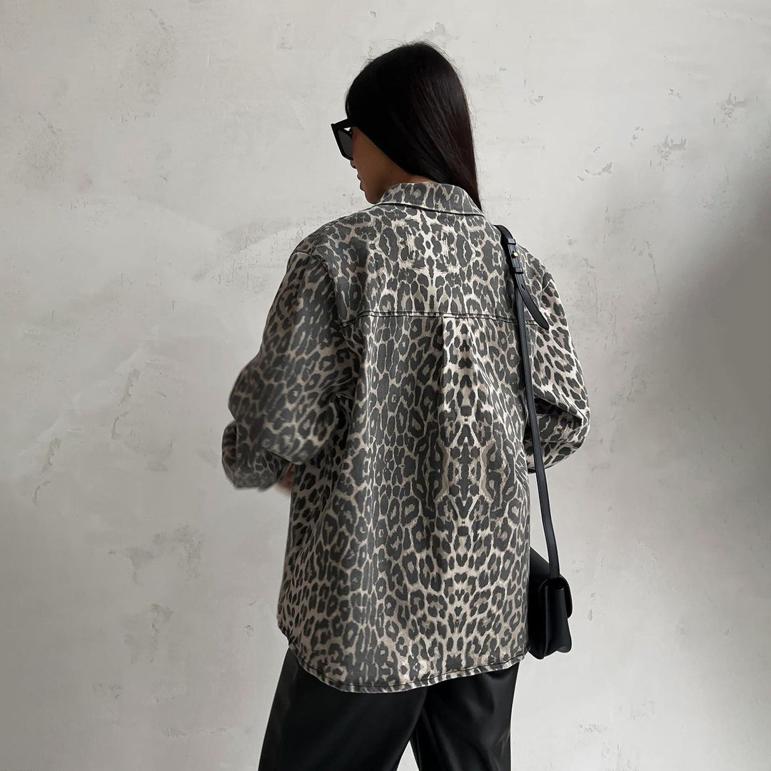 Damen Trendige Oversized Jeansjacke mit Leopardenmuster Drune