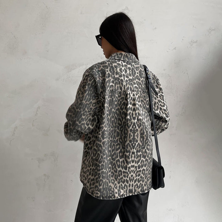 Damen Trendige Oversized Jeansjacke mit Leopardenmuster Drune