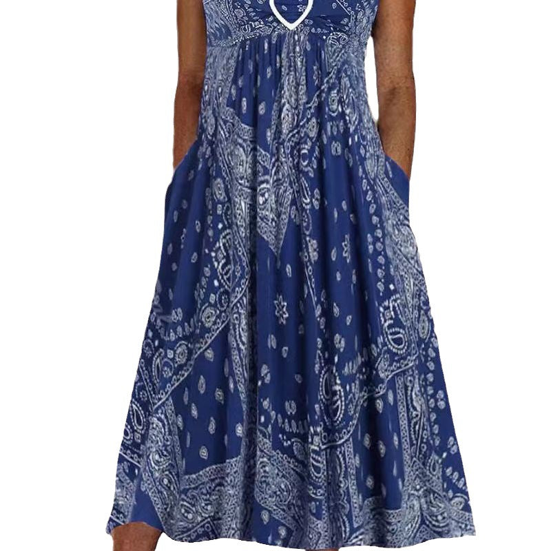 Damen nan luftiges Maxi-Kleid mit Paisley-Bandana-Print, geraffter Empire-Taille und praktischen Seitentaschen Drune