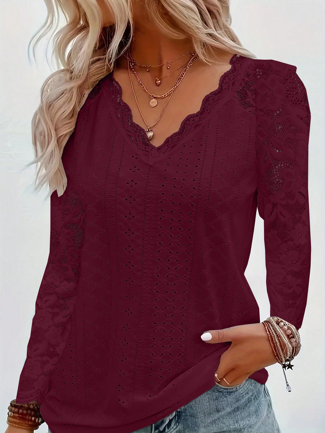 Damen Elegantes Oberteil mit Spitzenbesatz und V-Ausschnitt Drune