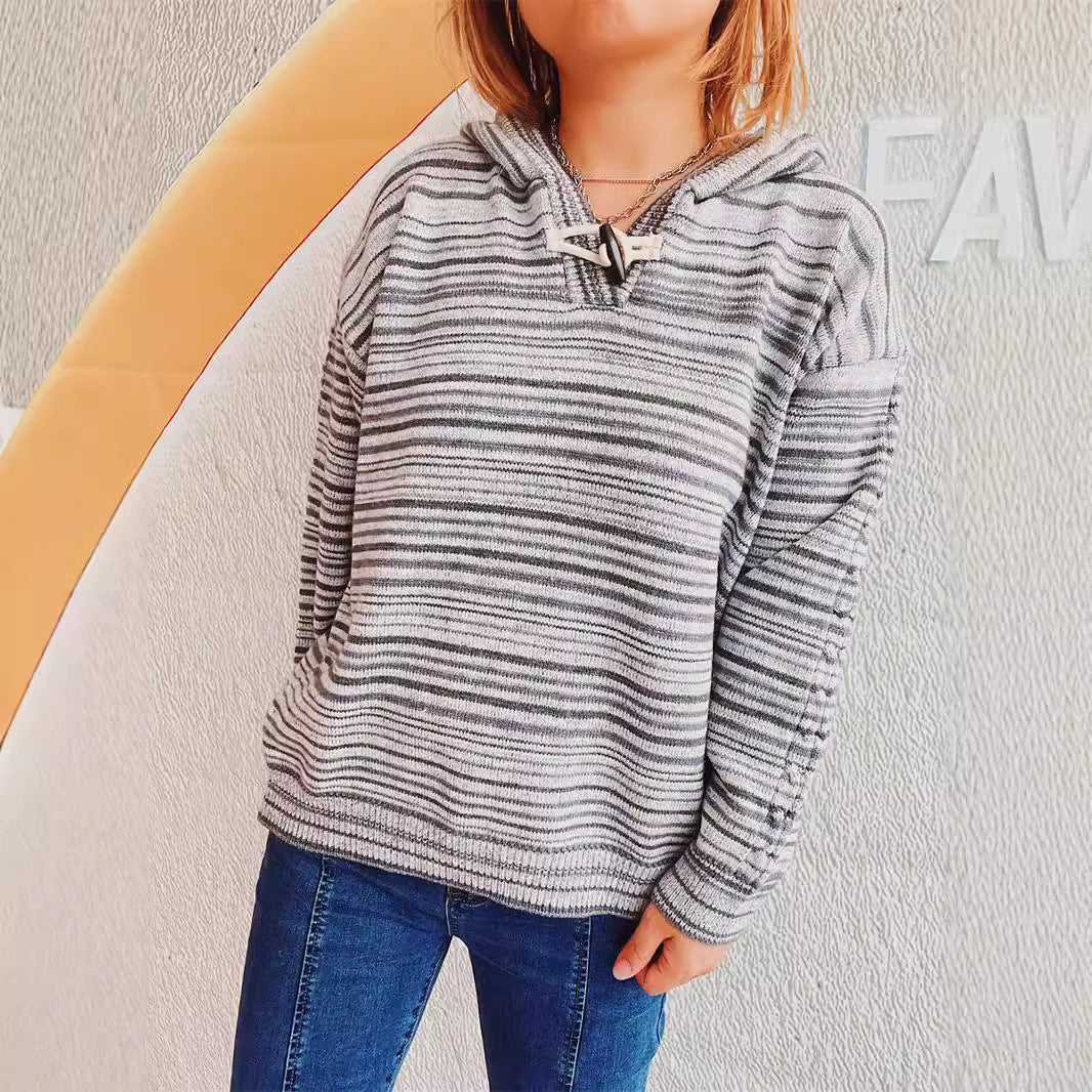 Damen gestreifter Hoodie mit breiten Ärmeln und Kordelzug Drune