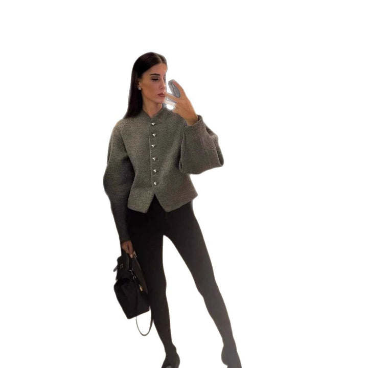 Damen kuschelige Wolljacke mit modischen Knopfdetails Drune