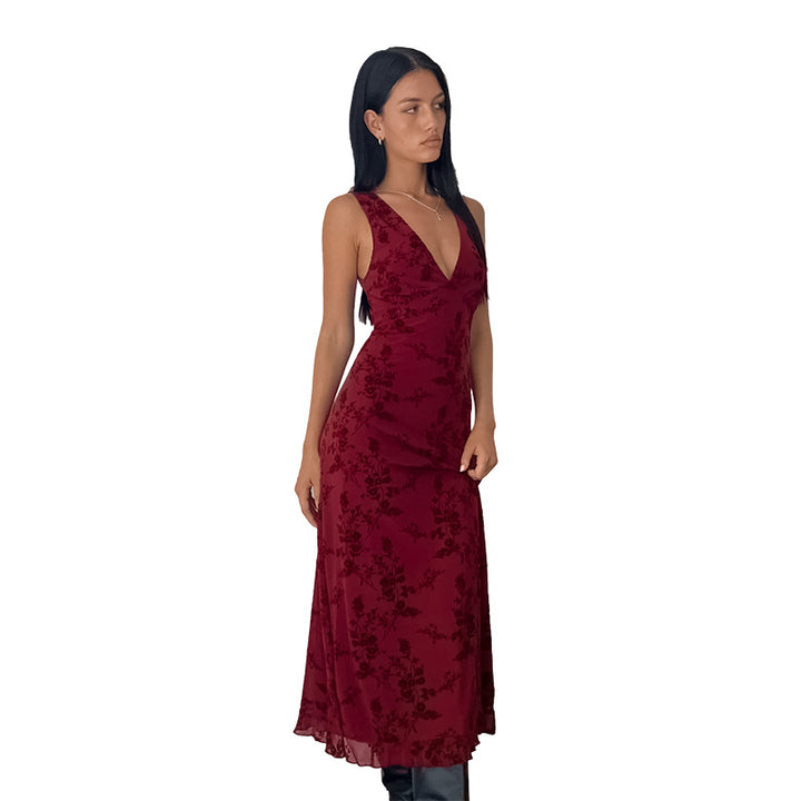 Damen Maxikleid mit floralem Spitzenmuster und tiefem V-Ausschnitt Drune