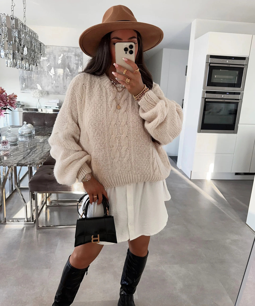 Damen Grobstrickpullover mit voluminösen Ärmeln und Zopfmuster Drune