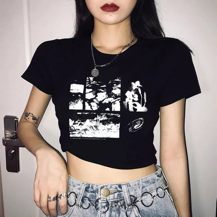 Damen Crop-T-Shirt mit verspieltem Kirschmotiv und elegantem Schleifenprint Drune