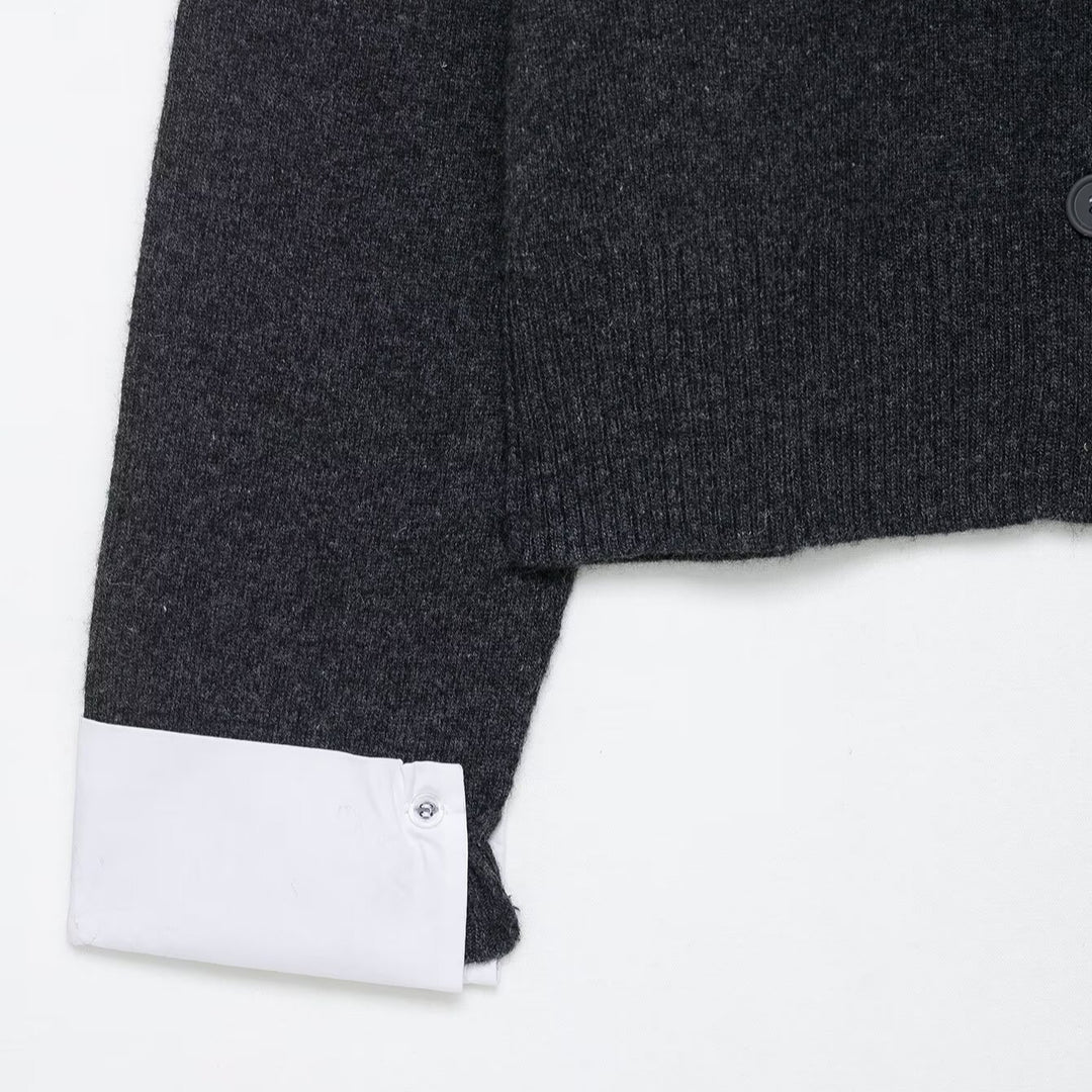 Damen modische Strickjacke mit kontrastierenden Ärmeln und durchgehender Knopfleiste Drune