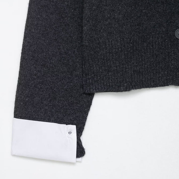 Damen modische Strickjacke mit kontrastierenden Ärmeln und durchgehender Knopfleiste Drune