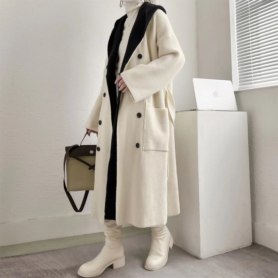 Damen Eleganter langer Mantel mit Gürtel und kontrastierenden Ärmeln Drune