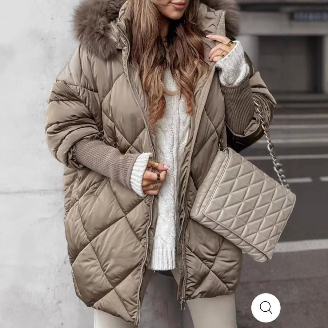 Damen Oversized Steppjacke mit abnehmbarem Kunstfellkragen Drune