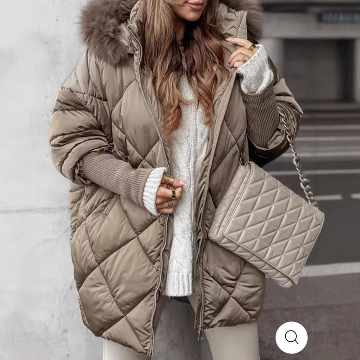 Damen Oversized Steppjacke mit abnehmbarem Kunstfellkragen Drune