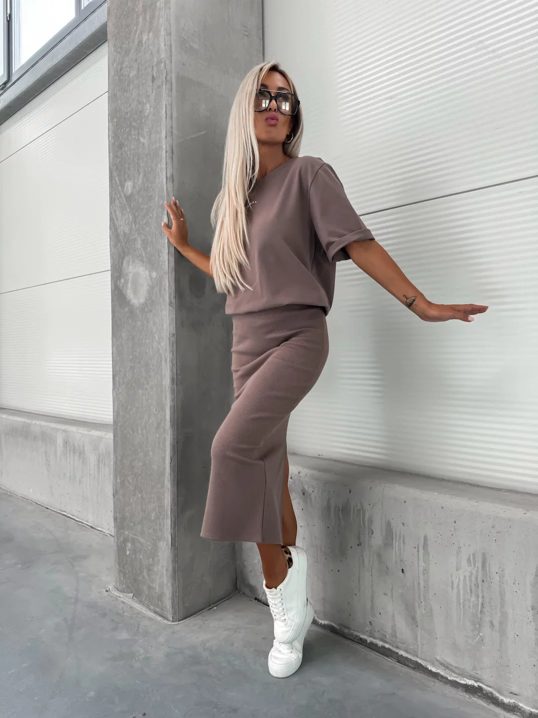 Damen Strickoberteil und Bleistiftrock-Kombination Drune