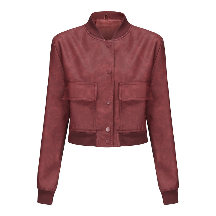 Damen nan kurze Crop-Kunstlederjacke im Blousonstil mit Druckknopffront und aufgesetzten Pattentaschen Drune