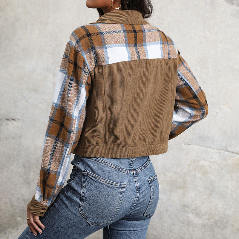 Damen elegante Karottenjacke mit karierten und cordartigen Elementen Drune