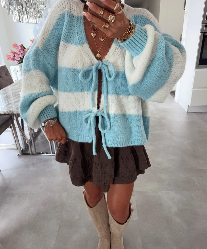 Damen lockere Strickjacke mit breiten Streifen und Bindegürtel Drune